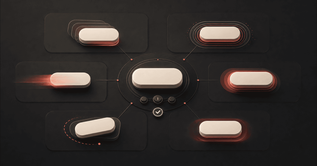 An abstract CRMX button system showing several controlled hover-motion effects