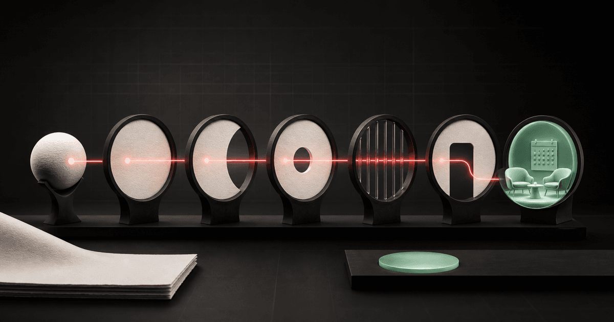 A focused expertise signal moving through six connected CRMX stages toward a booked coaching conversation