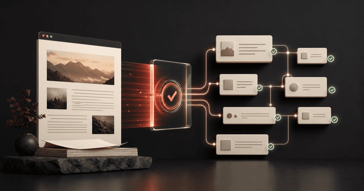 A website page becoming connected structured-data cards during the CRMX publishing process