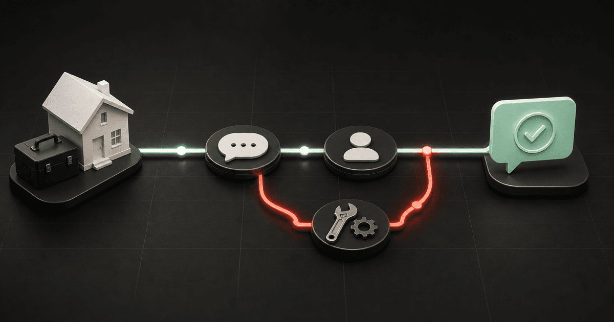 A completed home-service job moving through a feedback and service-recovery loop before an honest review invitation